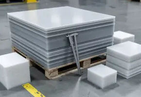 Industrieel pallet met gestapelde kunststof platen in verschillende diktes, meetschuifmaat ertegenaan, betonnen fabriekshal.
