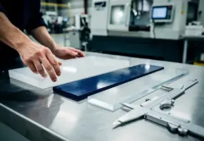 Materiaalingenieur inspecteert kunststof plaatmonsters van verschillende dikte en kleur op stalen werkbank, precisie schuifmaat op de voorgrond.