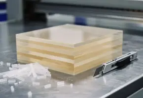 Gestapelde doorschijnende kunststofplaten in variërende diktes op een stalen werkbank, met een precisie snijgereedschap ernaast.