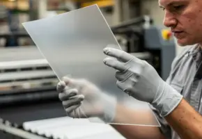Kwaliteitsinspecteur met beschermende handschoenen die een transparante kunststofplaat tegen het licht houdt in een industriële werkplaats.