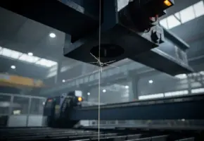 Fragiele draad die een zwaar stalen component boven een precisie snijfabriek ondersteunt, zichtbaar rafelig onder spanning.