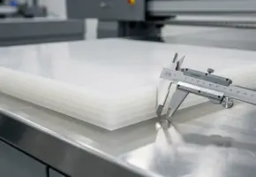 Stapel precies gesneden kunststofplaten op stalen werktafel met schuifmaat voor nauwkeurige meting in productiefaciliteit.