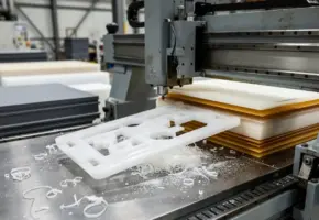 Precisiegesneden kunststof onderdeel dat van een CNC-freesmachine wordt getild, omgeven door gestapelde plastic platen en spaanders op werkvloer.