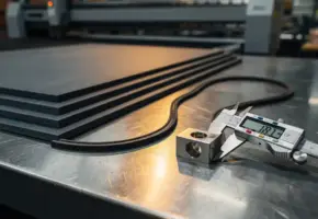 Rubberpakking en gestapelde materiaalpanelen op stalen werkbank, digitale schuifmaat meet component op tiende millimeter nauwkeurig.