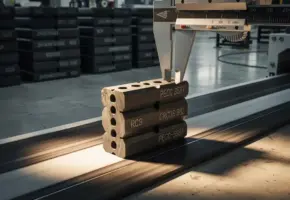 Precisiegesneden rubber-plastic component vastgehouden door industriële schuifmaat boven productielijn met gestapelde onderdelen en lasermarkering.