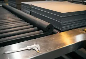 Precisie rubber pakking op industriële transportband, omringd door gestapelde materiaalplaten en een schuifmaat op stalen werkbank.