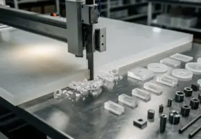 Industrieel mes snijdt groot transparant kunststof plaat op stalen werktafel, met acryl restmateriaal en afgewerkte componenten rondom.