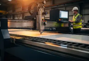 Precisie snijmachine in werking op fabriekshal, met metalen sensoren boven transportband en supervisor bij productiedashboard op achtergrond.