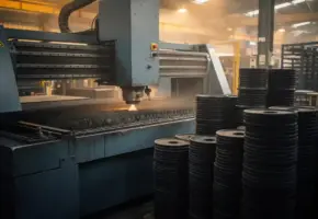 Industriële precisie-snijmachine in werking met gestapelde rubber- en kunststof componenten op fabrieksvloer, staalblauwe machine in warm amberkleurig licht.