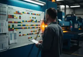 Productieplanner bestudeert een groot planningsbord met gekleurde magneten en capaciteitsgrafieken, snijmachines zichtbaar op de achtergrond.