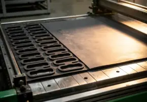 Rubberen plaat half gestanst tot industriële pakkingen op precisie snijmachine, scherpe zijverlichting benadrukt materiaaltextuur.