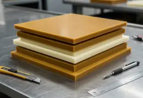Gestapelde rubber- en kunststofplaten op stalen werkbank met snijgereedschap, halverwege productieproces in fabriek.