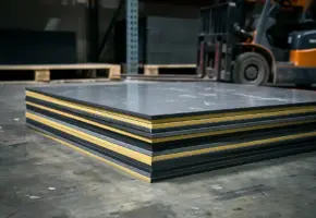 Stapel precisiegesneden rubber- en kunststofplaten op betonvloer in magazijn, met pallet en metalen stellingkast op achtergrond.