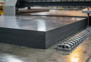 Gestapelde rubber- en kunststofplaten naast afgewerkte componenten op betonvloer, met snijmachine op de achtergrond.