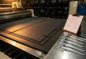 Precisiegesneden industriële rubberplaat op snijmachine, omringd door materiaalrollen en meetgereedschap op stalen werkbank.