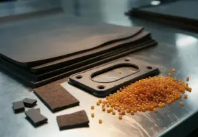 Ruwe rubberplaten en polymeerkorrels naast een nauwkeurig gesneden pakking op een stalen werkoppervlak, met viltresten en plastic afval.