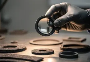 Kwaliteitsinspecteur onderzoekt rubberen pakking met loep onder amberkleurig werklicht, snijmonsters op stalen inspectietafel.