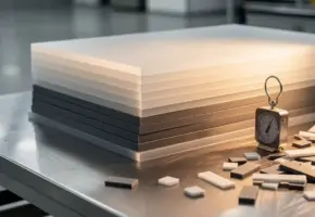 Stapel rauwe kunststofplaten in wit en grijs op stalen werkoppervlak, naast kleine weegschaal met plastic snijresten.