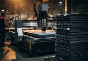 Industriële snijmachine op volle snelheid in fabriek, met netjes gestapelde materiaalcomponenten en werknemers op de achtergrond.