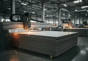 Industriële snijmachine in werking op een fabriekshal, met gestapelde plaatwerkcomponenten en een tweede machine op de achtergrond.