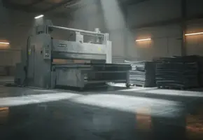 Stilstaande industriële snijmachine op verlaten fabriekshal, omgeven door onbewerkte rubber- en kunststofplaten in amberkleurig noodlicht.
