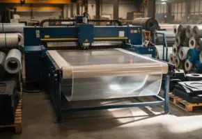 Industriële snijmachine verwerkt rubber- en kunststofplaten op fabriekslocatie, omringd door materiaalrollen en precisiegesneden componenten.