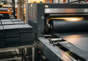 Precisie snijmachine in werking met gestapelde gestanste rubberplaten en een doorlopende materiaalrol door industriële messen.