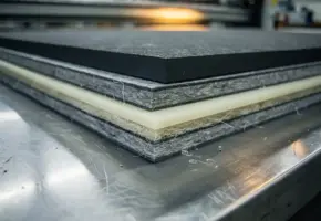 Gestapelde industriële halffabrikaten van rubber, vilt en plastic op een stalen werkbank, rauwe snijranden zichtbaar.
