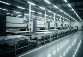 Stilstaande industriële precisie-snijmachines op lege fabrieksvloer met stille transportbanden onder koud tl-licht.