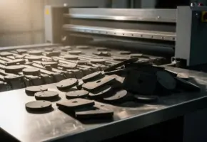 Stilstaande industriële transportband met verspreide rubber- en plastic onderdelen op stalen werktafel, precisie-snijmachine op achtergrond.