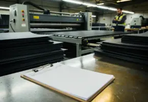 Stilstaande precisie-snijmachine op fabriekslocatie met onafgewerkte rubber- en kunststofplaten en gefrustreerde medewerker op achtergrond.