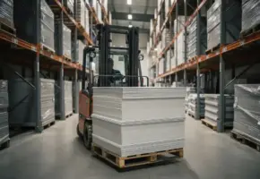 Vorkheftruck transporteert gestapelde pallets met precisiegesneden kunststofplaten door een industrieel magazijn met georganiseerde opslag.
