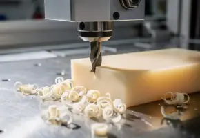 CNC-freesmachine bewerkt een doorschijnend ivoren PEEK-kunststof blok, met krullende spaanders op stalen werkvlak.
