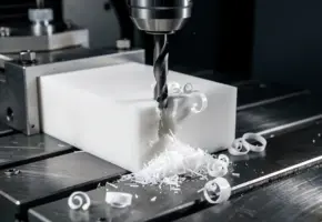 CNC-freestool bewerkt een wit PTFE teflon blok, met krullende witte spanen op een stalen werkbank met metalen klemmen.