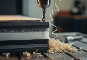 Precisiefrees snijdt door gestapelde lagen rubber, kunststof en vilt met millimeternauwkeurigheid, krullende spanen zichtbaar.