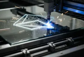 Laserstraal snijdt geometrische vorm in gespiegeld glaspaneel, met lichtgevende vonken op het gepolijste oppervlak.