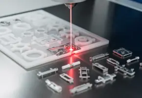 Laserbundel snijdt nauwkeurige microcomponenten uit medisch polymeer op roestvrij stalen werkvlak met chirurgische onderdelen.