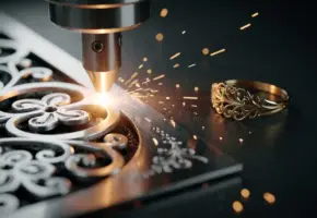 Lasermachine snijdt filigraan patronen in gepolijst zilver, vonken spatten op donker staaloppervlak, gouden ring als referentie op de achtergrond.
