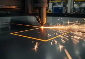 Lasersnijmachine snijdt nauwkeurig geometrische vorm in donker staalplaat met gloeiende oranje snijlijn en vonken in industriële werkplaats.