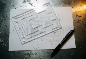 Technische tekening op mat papier met lasergesneden acrylplaat, geometrische uitsparingen en metaalvijlsel op stalen werkblad.