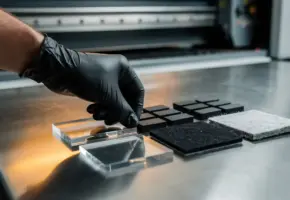 Gehandschoende technicus selecteert lasergestanste materiaalstalen van acryl, rubber en vilt op een stalen werktafel.