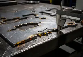 Vervormd lasersnijwerk met uitlijningsfouten op stalen werktafel, schuine snijranden en amberkleurige brandsporen zichtbaar.