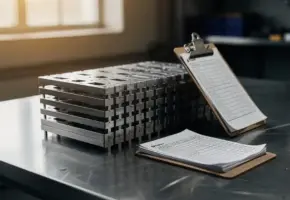 Gestapelde precisie lasergestanste metalen onderdelen op stalen werkbank met orderklembord in warm fabrieklicht.
