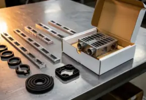Vers gelasergesneden rubber en plastic onderdelen naast een geassembleerd product in golfkartonnen verpakking op een stalen werkbank.