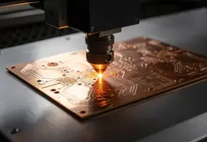 Lasersnijkop snijdt precisie printplaatcomponenten uit koperplaat, met gloeiende snijlijnen en elektronische sporen zichtbaar.