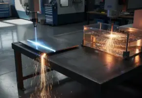 Precisielaserbundel snijdt donker metaalplaat naast vonkende draad-EDM-elektrode in diëlektrische vloeistof op industriële werkbank.