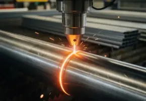 Laserkopunit snijdt nauwkeurig door gepolijste stalen buis met gloeiende oranje smeltrand in industriële werkplaats.