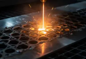 Laserstraal snijdt geometrische perforaties in donkere staalplaat, met gloeiend oranje gesmolten randen en vonken in de lucht.