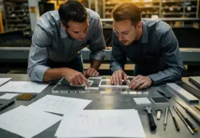 Twee ingenieurs bekijken een nauwkeurig lasergestanst acrylpaneel op een werkbank, omringd door technische schetsen en materiaalstalen.