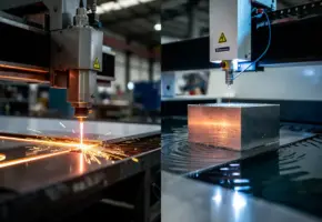 Lasersnijkop snijdt roestvrijstalen plaat terwijl een draad-EDM machine een metaalblok bewerkt, vonken en blauw licht in industriële werkplaats.